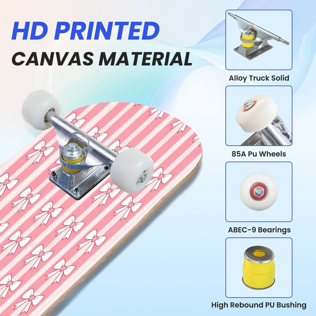 31"x8" Complete Skateboards for Beginners, Pink Floral Striped Delicate Leaves Flowers Botanical Double Kick 7 Ply Canadian Maple Deck Skateboard with Wheels, Gifts for Girls Teens