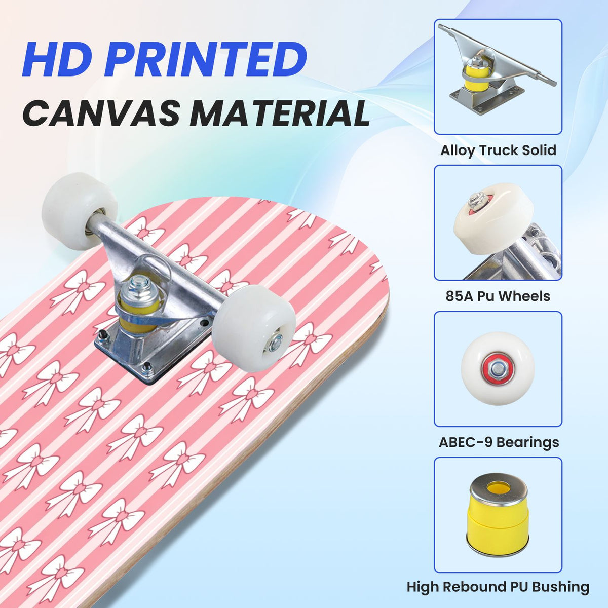 31"x8" Complete Skateboards for Beginners, Pink Floral Striped Delicate Leaves Flowers Botanical Double Kick 7 Ply Canadian Maple Deck Skateboard with Wheels, Gifts for Girls Teens