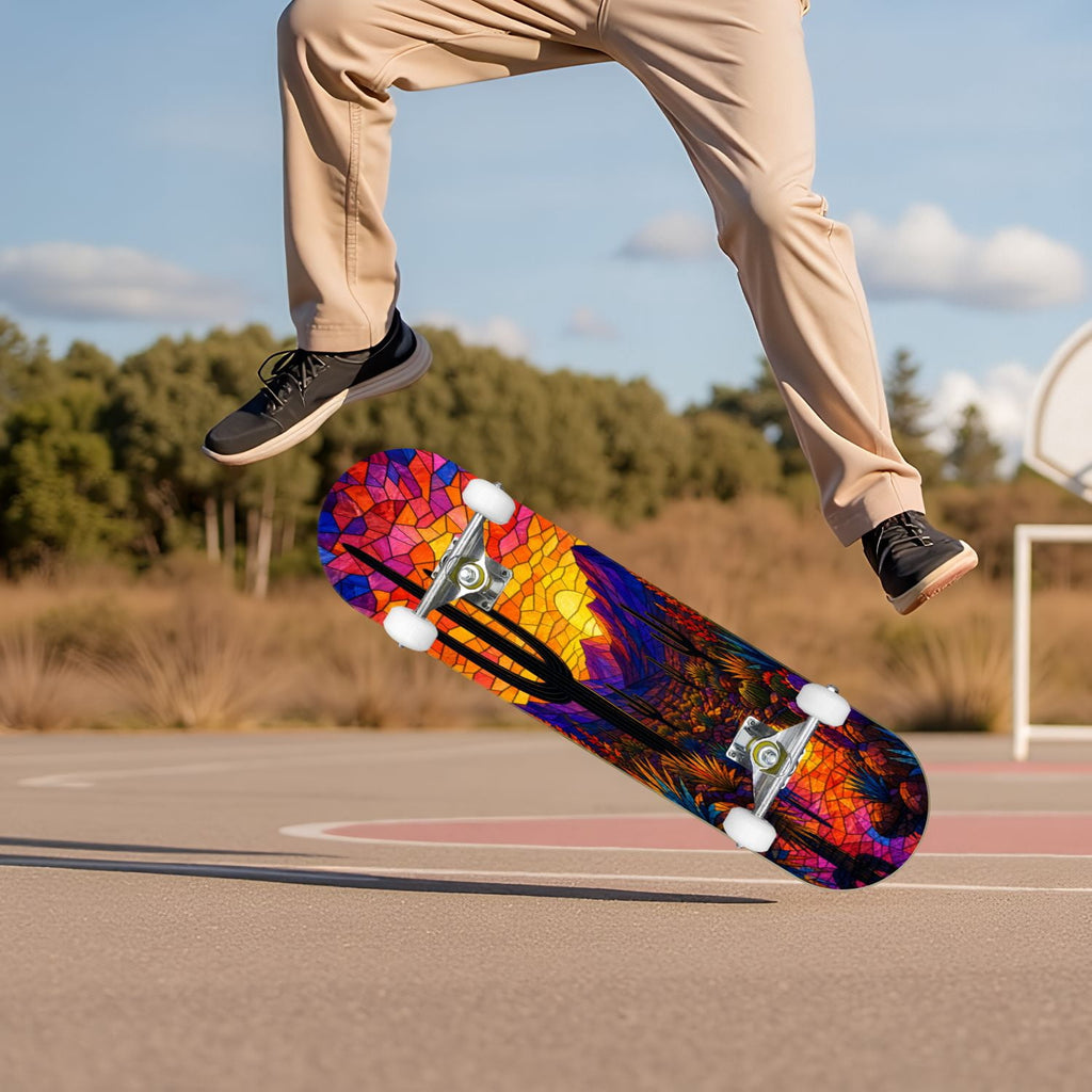 Abstract Geometric Curved Shapes Earthy Tones 31" x 8" Complete Skateboard, 7-Ply Canadian Maple Double Kick Trick Board for Kids and Beginners Adult Gifts