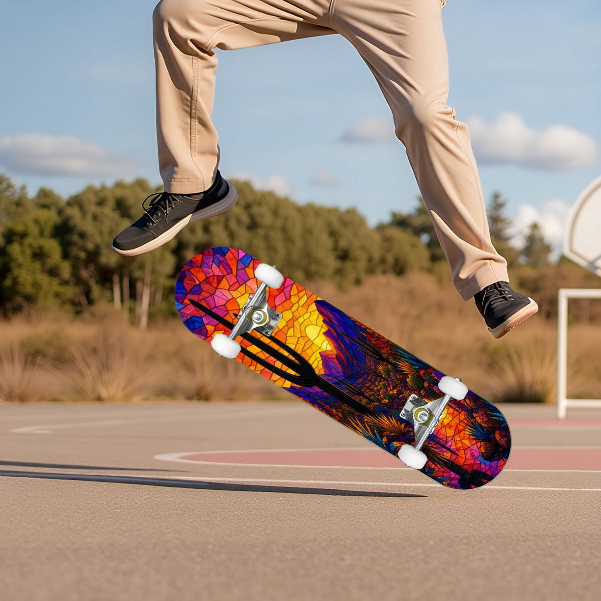 Abstract Geometric Curved Shapes Earthy Tones 31" x 8" Complete Skateboard, 7-Ply Canadian Maple Double Kick Trick Board for Kids and Beginners Adult Gifts