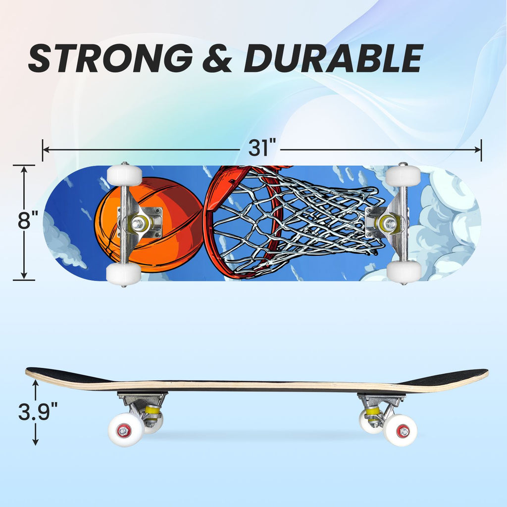 31"x8" Complete Skateboards for Beginners,Orange Basketball Hoop Blue Sky Clouds Double Kick 7 Ply Canadian Maple Deck Skateboard with Wheels, Gifts for Kids Teens