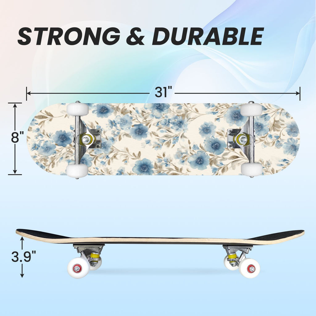31"x8" Complete Skateboards for Beginners, Soft Blue Cream Striped Design Double Kick 7 Ply Canadian Maple Deck Skateboard with Wheels, Gifts for Kids Teens