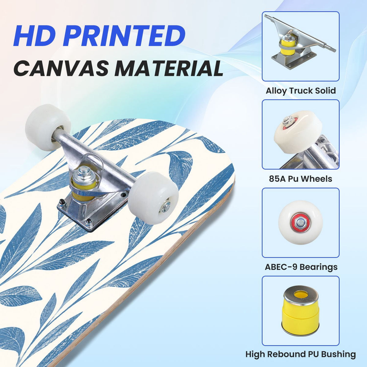 31"x8" Complete Skateboards for Beginners,Blue Botanical Leaf White Double Kick 7 Ply Canadian Maple Deck Skateboard with Wheels, Gifts for Kids Teens
