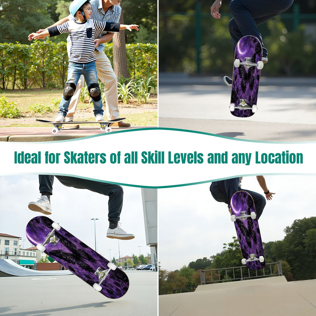 31"x8" Complete Skateboards for Beginners, Purple Floral Roses Butterfly Starry Vintage Botanical Double Kick 7 Ply Canadian Maple Deck Skateboard with Wheels, Gifts for Kids Teens