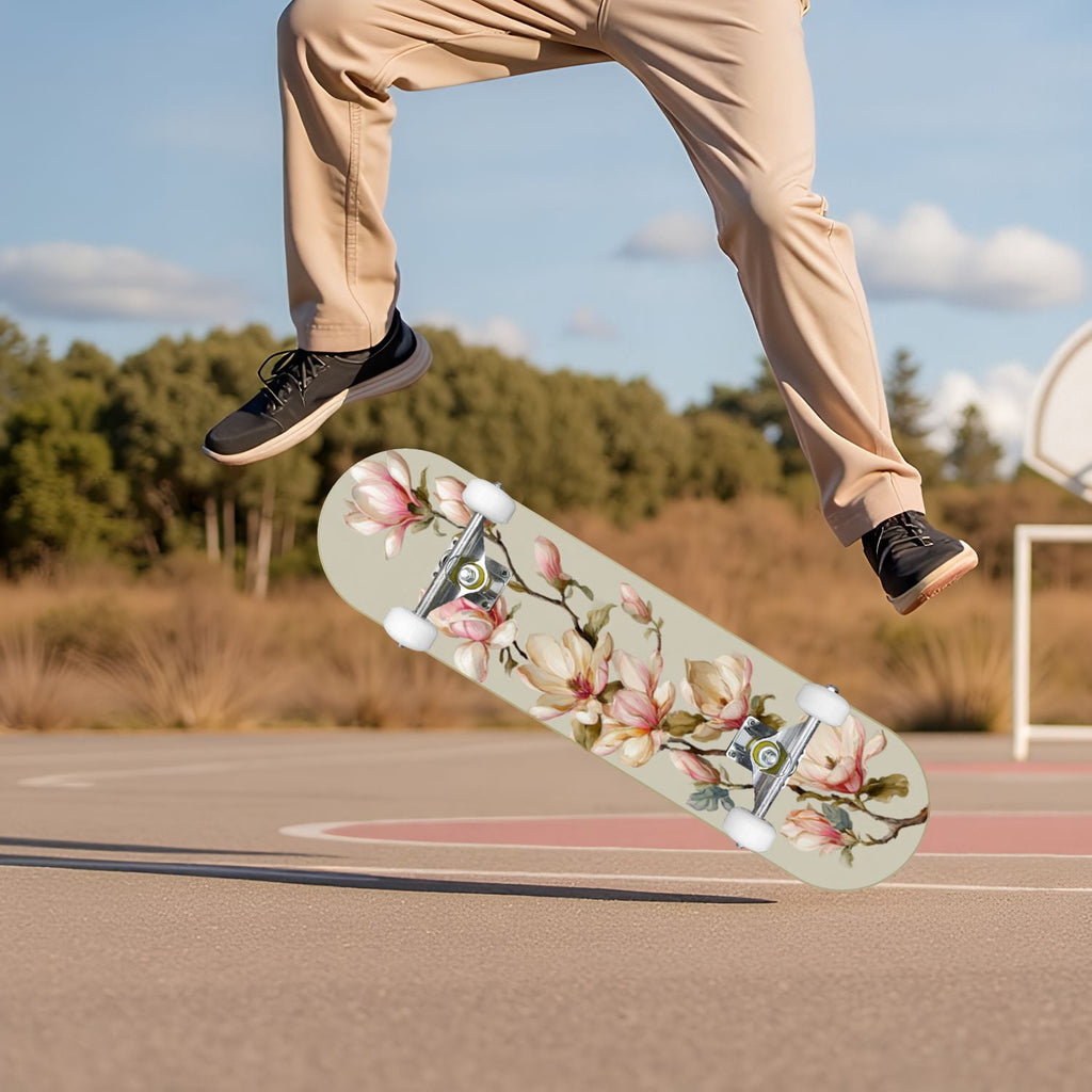 Botanical Birds Lemons Flowers Blue 31" x 8" Complete Skateboard, 7-Ply Canadian Maple Double Kick Trick Board for Kids and Beginners Adult Gifts