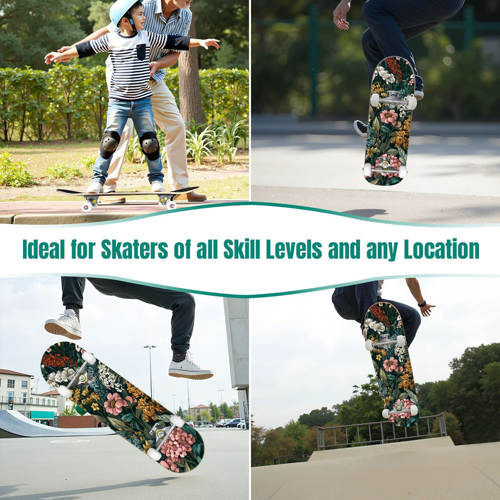 Botanical Embroidery Golden Green Leaves Black 31" x 8" Complete Skateboard, 7-Ply Canadian Maple Double Kick Trick Board for Kids and Beginners Adult Gifts