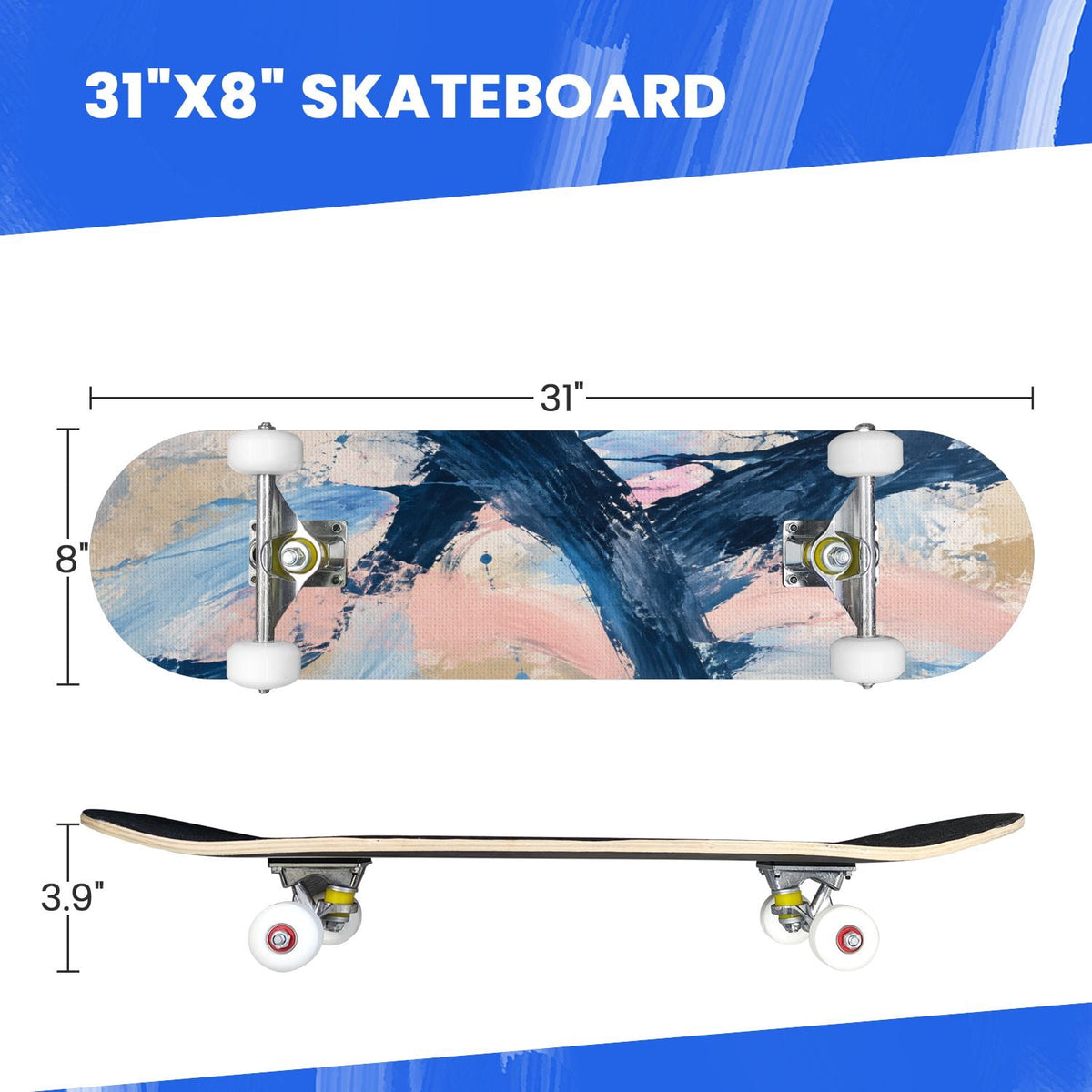 Complete Skateboard Colorful Splash Art Headphones 31 Inch 7-Ply Maple Skateboard with PU Wheels and Aluminum Trucks, Ready-to-Ride Skateboard for Beginners, Teens and Adults