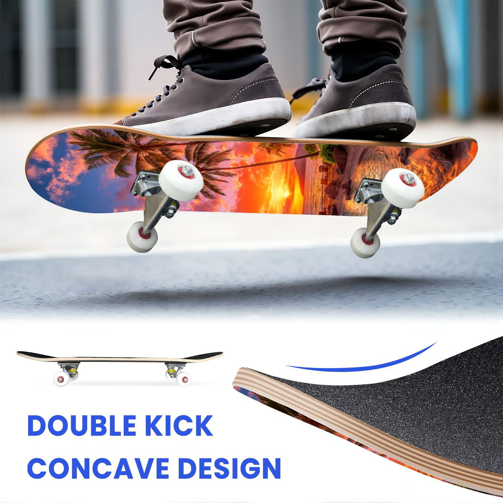 31"x8" Complete Skateboards for Beginners, Blue Deep Sea Sailing Ship Octopus Lighthouse Clouds Ocean Double Kick 7 Ply Canadian Maple Deck Skateboard with Wheels, Gifts for Kids Teens