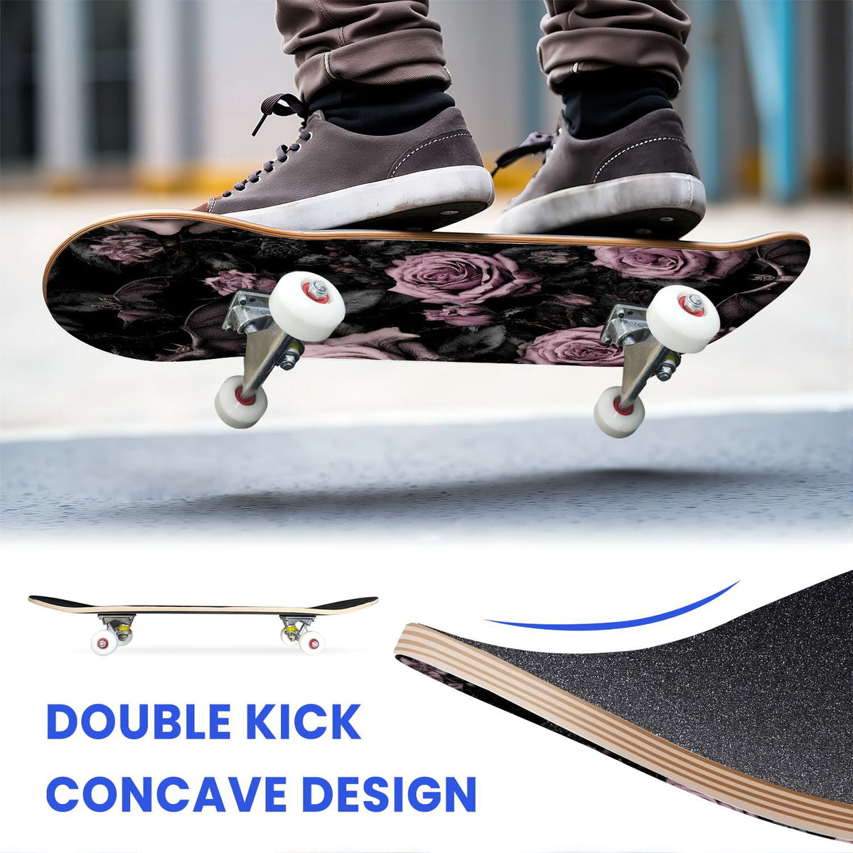31"x8" Complete Skateboards for Beginners, Ethereal Night Garden Roses Starry Sky Dark Academia Double Kick 7 Ply Canadian Maple Deck Skateboard with Wheels, Gifts for Kids Teens