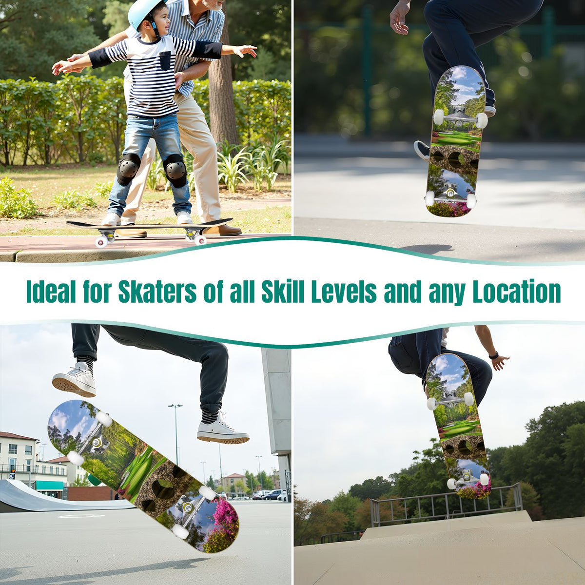 31"x8" Complete Skateboards for Beginners, Turquoise Flowers Teal Daisy Flower Butterfly Blue Romantic Double Kick 7 Ply Canadian Maple Deck Skateboard with Wheels, Gifts for Kids Teens
