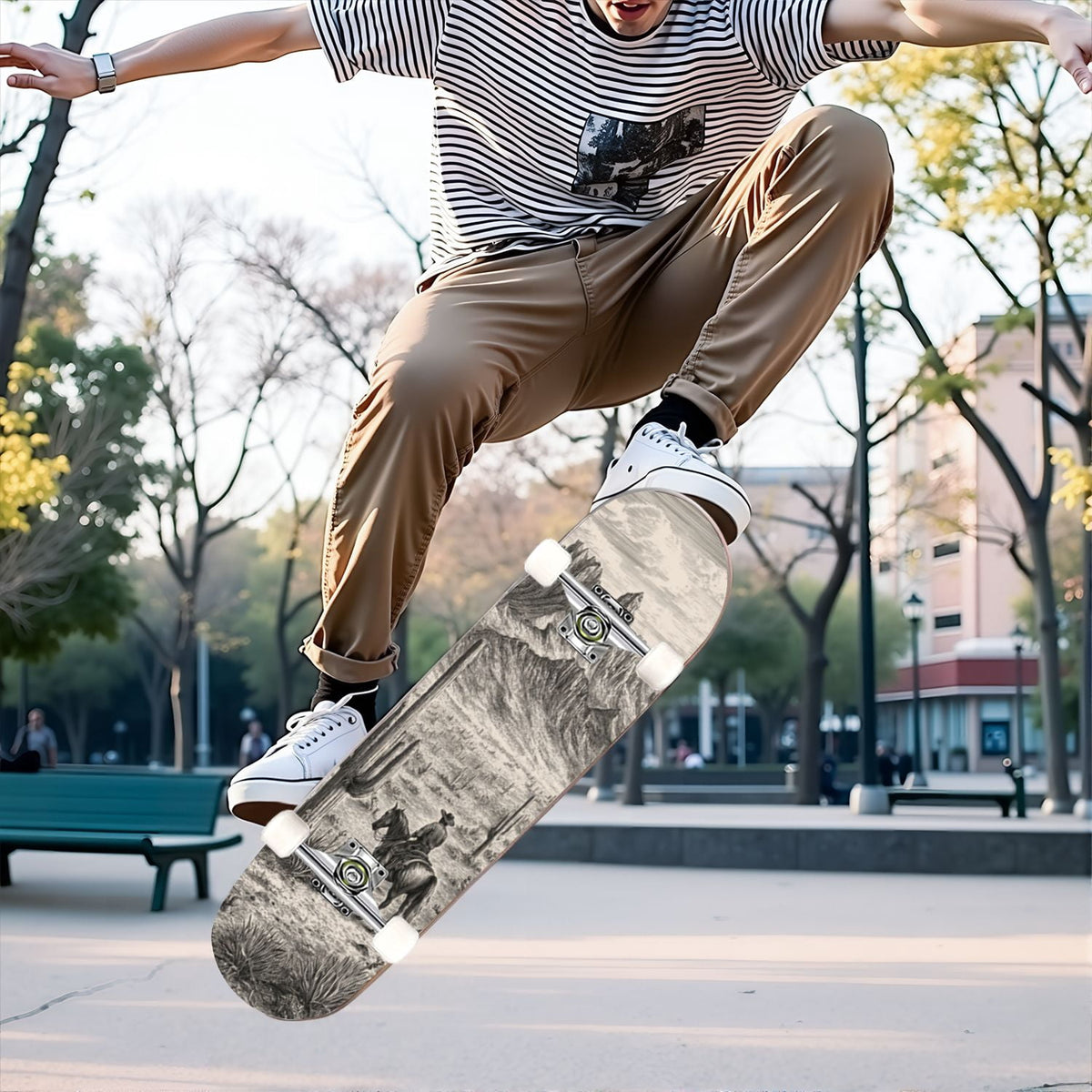 31"x8" Complete Skateboards for Beginners, White Birch Tree Bark Natural Knots Horizontal Lines Double Kick 7 Ply Canadian Maple Deck Skateboard with Wheels, Gifts for Kids Teens