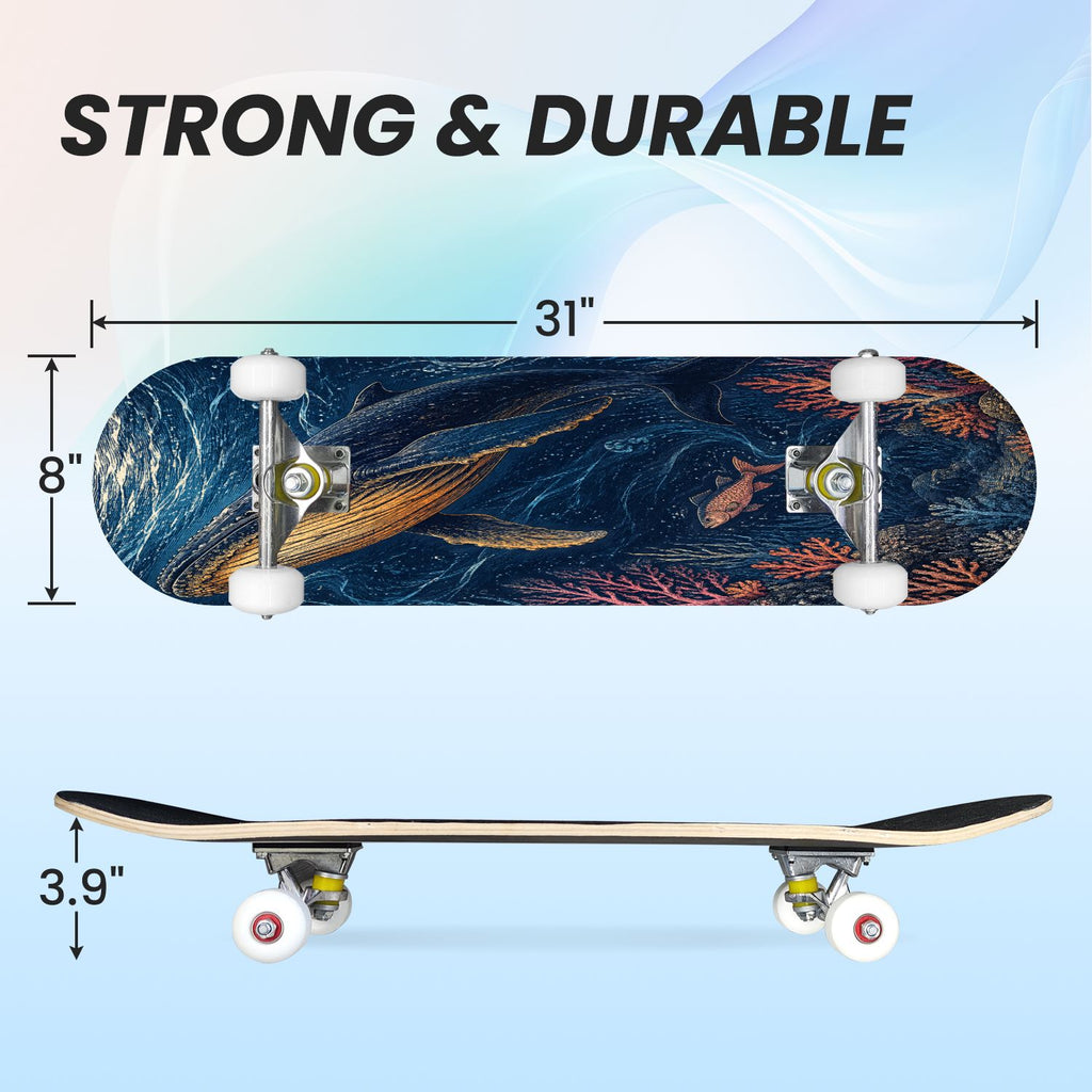 31"x8" Complete Skateboards for Beginners, Underwater Sharks Glowing Purple Jellyfish Marine Life Double Kick 7 Ply Canadian Maple Deck Skateboard with Wheels, Gifts for Kids Teens