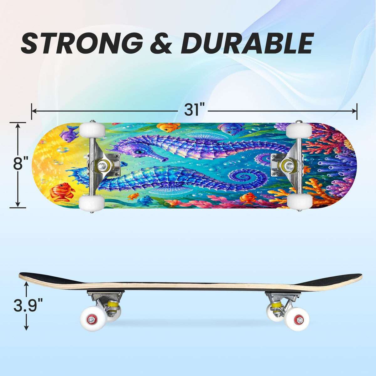 31"x8" Complete Skateboards for Beginners, Colorful Underwater Two Seahorses Coral Reefs Double Kick 7 Ply Canadian Maple Deck Skateboard with Wheels, Gifts for Kids Teens