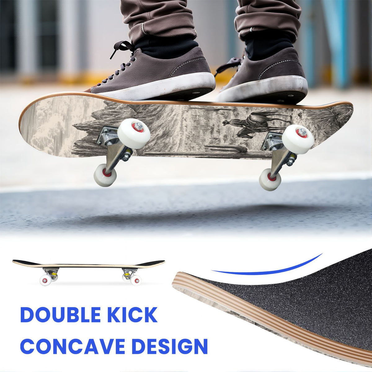 31"x8" Complete Skateboards for Beginners, White Birch Tree Bark Natural Knots Horizontal Lines Double Kick 7 Ply Canadian Maple Deck Skateboard with Wheels, Gifts for Kids Teens