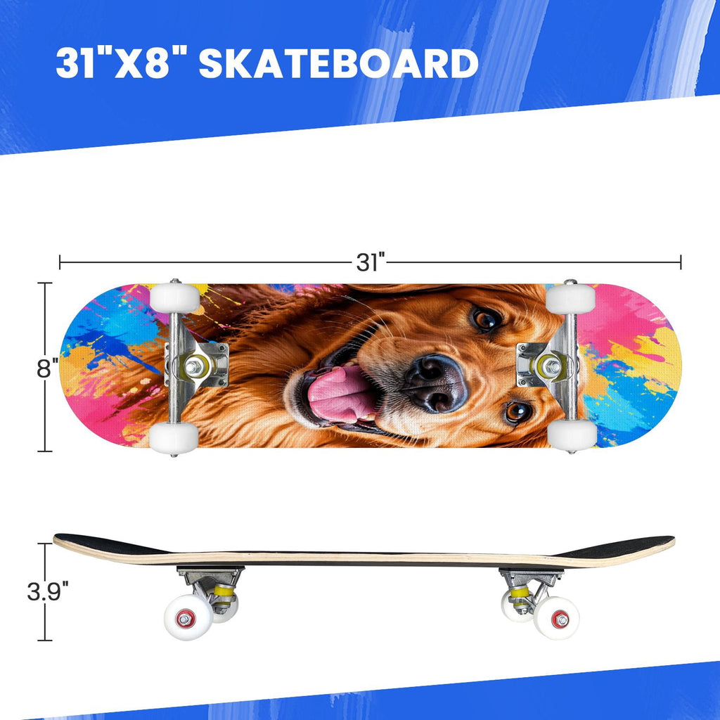Complete Skateboard Golden Retriever Dog Portrait 31 Inch 7-Ply Maple Skateboard with PU Wheels and Aluminum Trucks, Ready-to-Ride Skateboard for Beginners, Teens and Adults