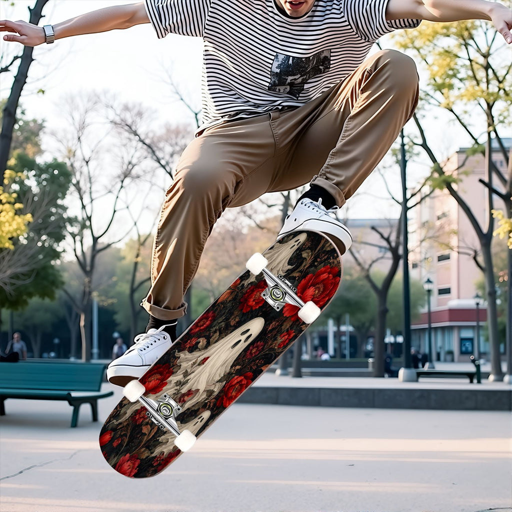 31"x8" Complete Skateboards for Beginners,Halloween Themed Pumpkins Witch Hats Spooky Double Kick 7 Ply Canadian Maple Deck Skateboard with Wheels, Gifts for Kids Teens