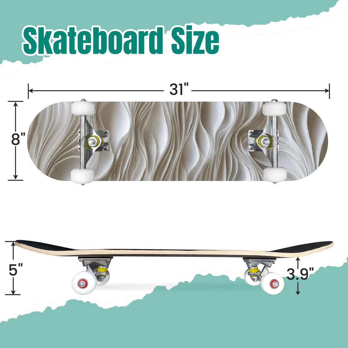 Beige Waves Flowing Lines 3D Effect 31" x 8" Complete Skateboard, 7-Ply Canadian Maple Double Kick Trick Board for Kids and Beginners Adult Gifts