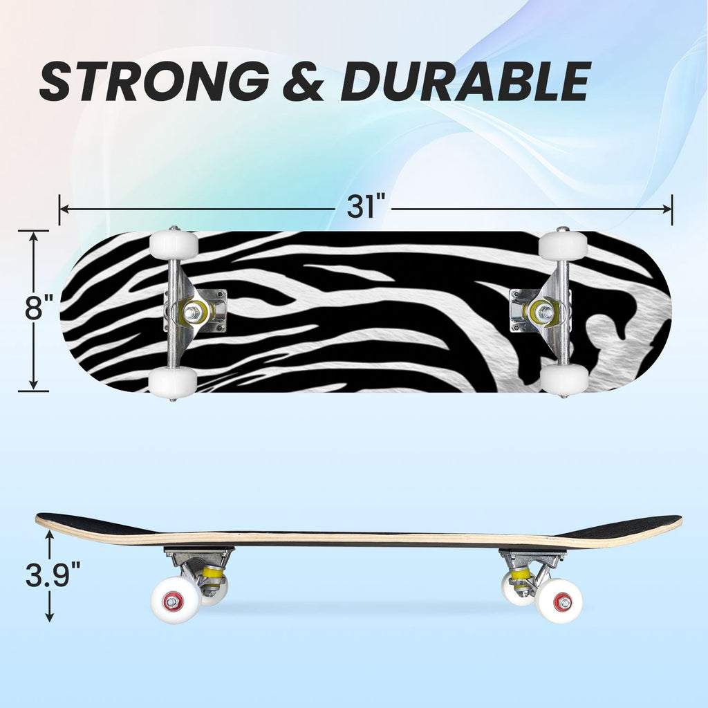 31"x8" Complete Skateboards for Beginners,Leopard Print Black Brown Beige Double Kick 7 Ply Canadian Maple Deck Skateboard with Wheels, Gifts for Kids Teens