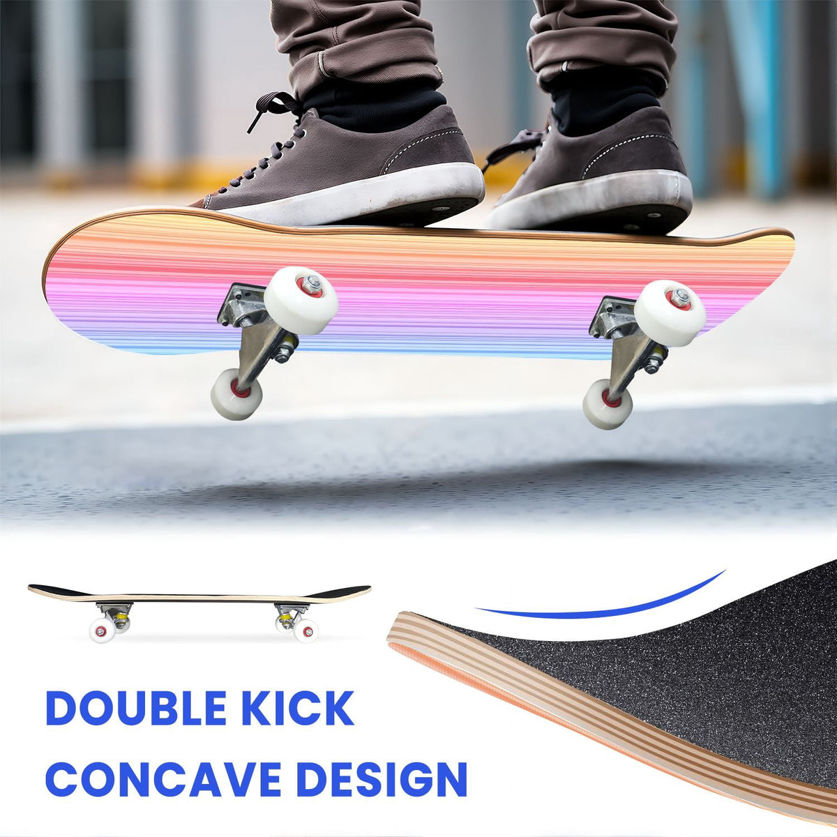 31"x8" Complete Skateboards for Beginners,Watercolor Watermelon Slices Pink Striped Double Kick 7 Ply Canadian Maple Deck Skateboard with Wheels, Gifts for Kids Teens