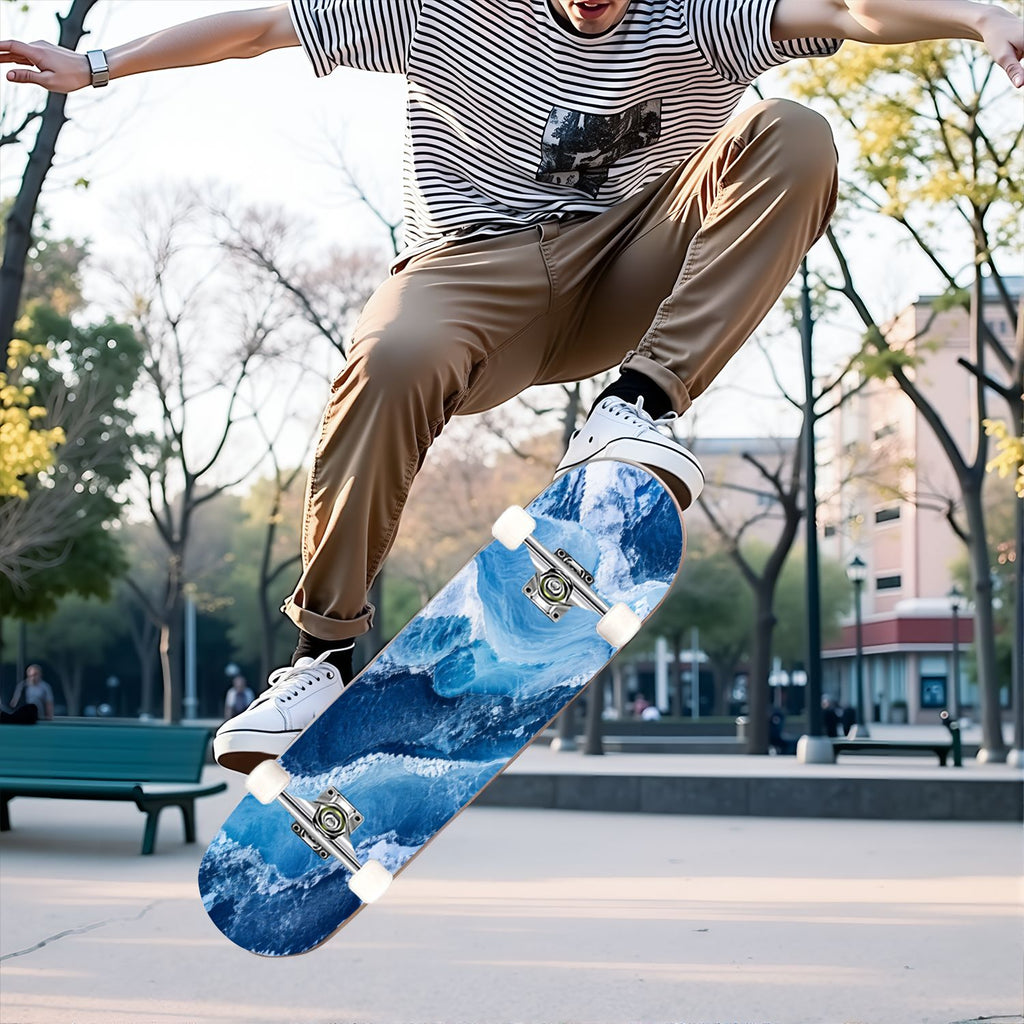 31"x8" abstract paint water blue sea Complete Skateboard for Beginners waves watercolor seamless 7 Layer Maple Deck Double Kick Kids Skateboard with 85A PU Wheels Gifts for Kids Teens