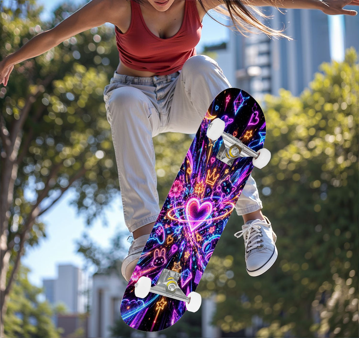 Complete Skateboard Colorful Hearts Graffiti 31 Inch 7-Ply Maple Skateboard with PU Wheels and Aluminum Trucks, Ready-to-Ride Skateboard for Beginners, Teens and Adults