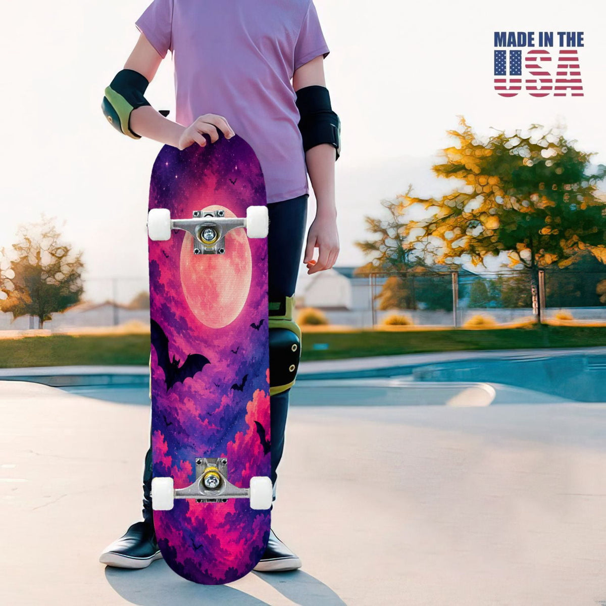 31"x8" Complete Skateboards for Beginners, Purple Celestial Moon Sun Art Floral Stars Double Kick 7 Ply Canadian Maple Deck Skateboard with Wheels, Gifts for Kids Teens