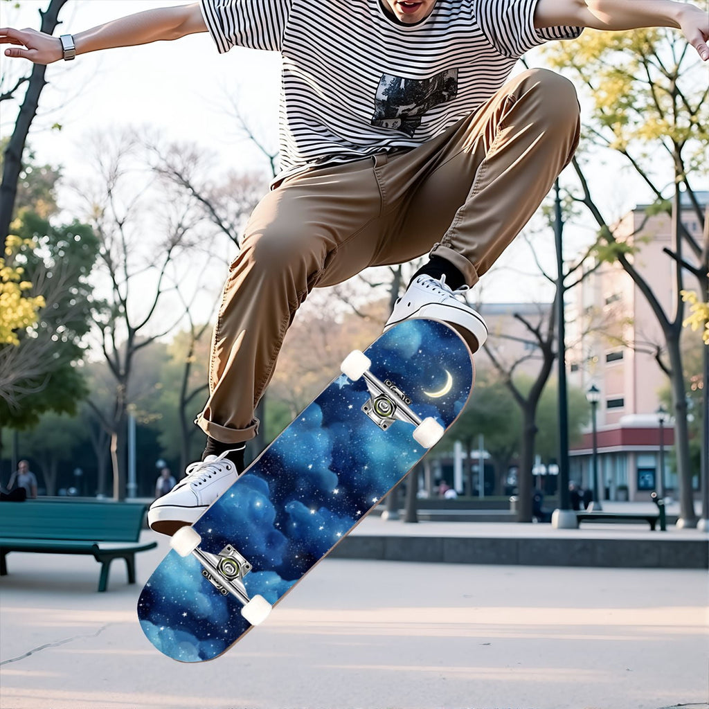 31"x8" Complete Skateboards for Beginners, Pastel Clouds Sparkles Dreamy Gradient Sky Summer Decor Double Kick 7 Ply Canadian Maple Deck Skateboard with Wheels, Gifts for Kids Teens