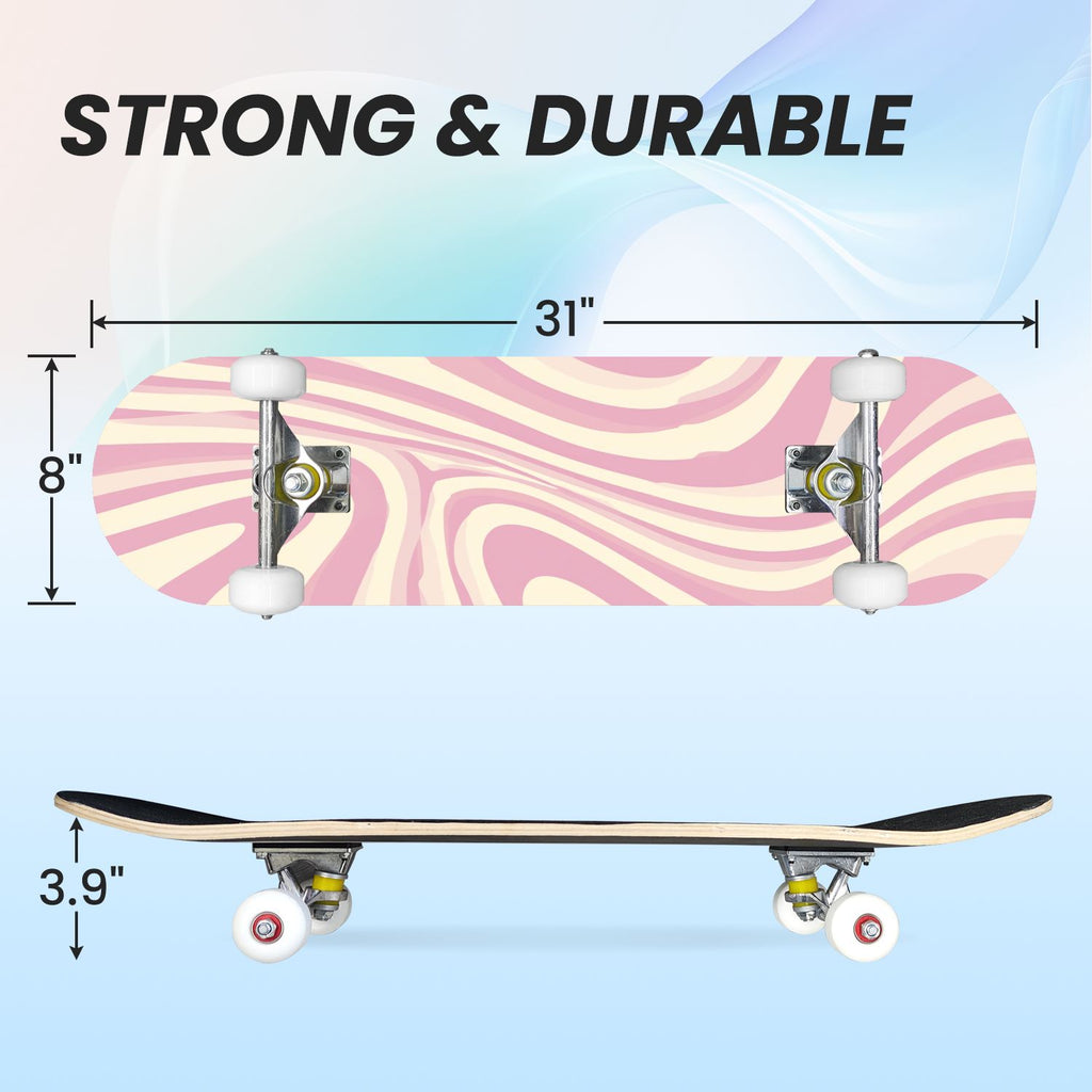 31"x8" Complete Skateboards for Beginners, Abstract Wavy Purple Beige Zebra Design Double Kick 7 Ply Canadian Maple Deck Skateboard with Wheels, Gifts for Kids Teens
