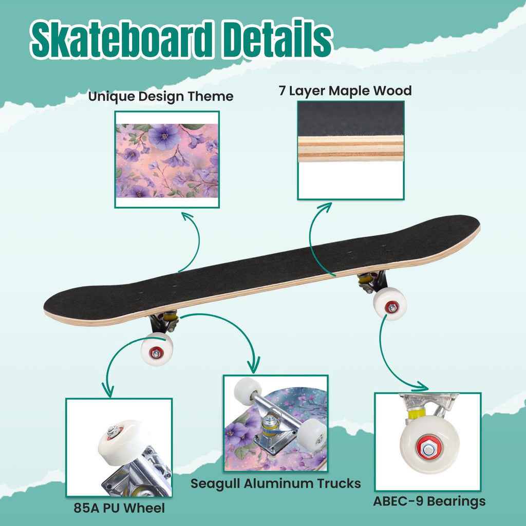Vintage Floral Bird Sepia Tones 31" x 8" Complete Skateboard, 7-Ply Canadian Maple Double Kick Trick Board for Kids and Beginners Adult Gifts