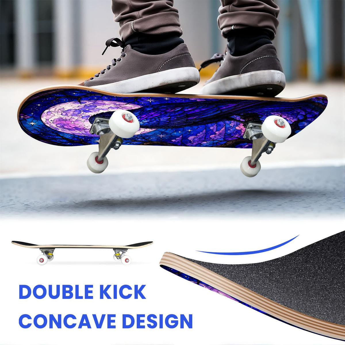 31"x8" Complete Skateboards for Beginners, Glowing Bioluminescent Mushrooms Mystical Forest Double Kick 7 Ply Canadian Maple Deck Skateboard with Wheels, Gifts for Kids Teens