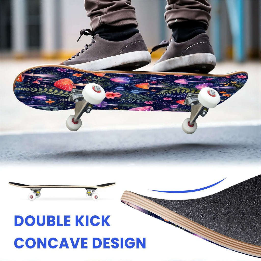 31"x8" Complete Skateboards for Beginners, Colorful Mushroom Floral Magical Night Forest Vintage Double Kick 7 Ply Canadian Maple Deck Skateboard with Wheels, Gifts for Kids Teens