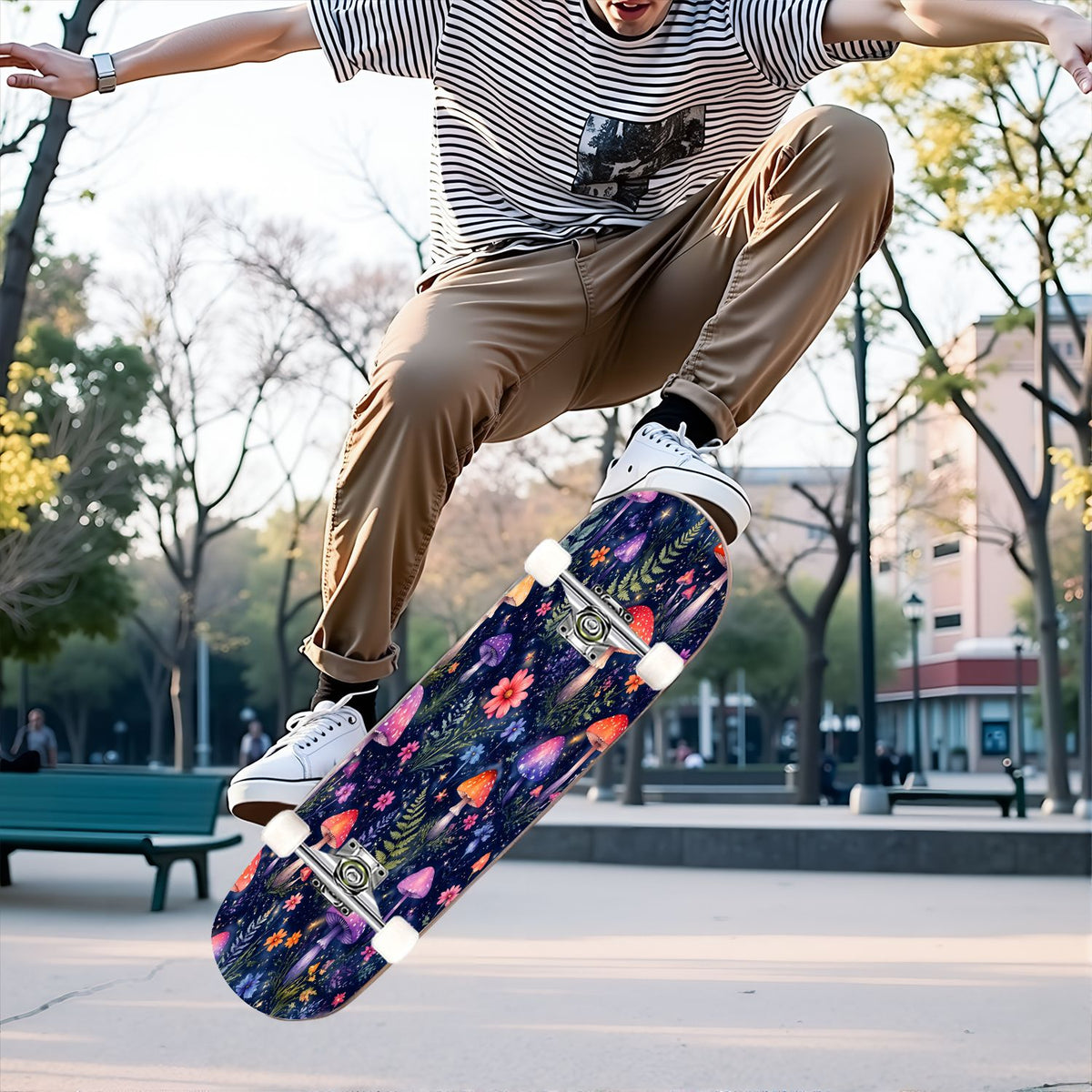 31"x8" Complete Skateboards for Beginners, Colorful Mushroom Floral Magical Night Forest Vintage Double Kick 7 Ply Canadian Maple Deck Skateboard with Wheels, Gifts for Kids Teens