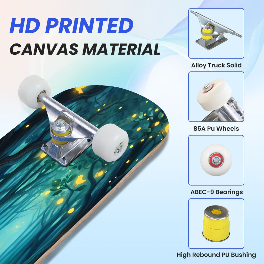 31"x8" Complete Skateboards for Beginners, Magical Forest Glowing Mushrooms Twinkling Fantasy Double Kick 7 Ply Canadian Maple Deck Skateboard with Wheels, Gifts for Kids Teens