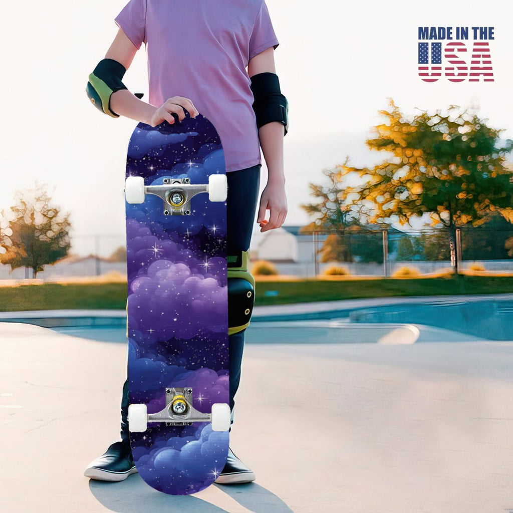31"x8" Complete Skateboards for Beginners, Pastel Sky Fluffy Clouds Pink Purple Blue Summer Decor Double Kick 7 Ply Canadian Maple Deck Skateboard with Wheels, Gifts for Kids Teens
