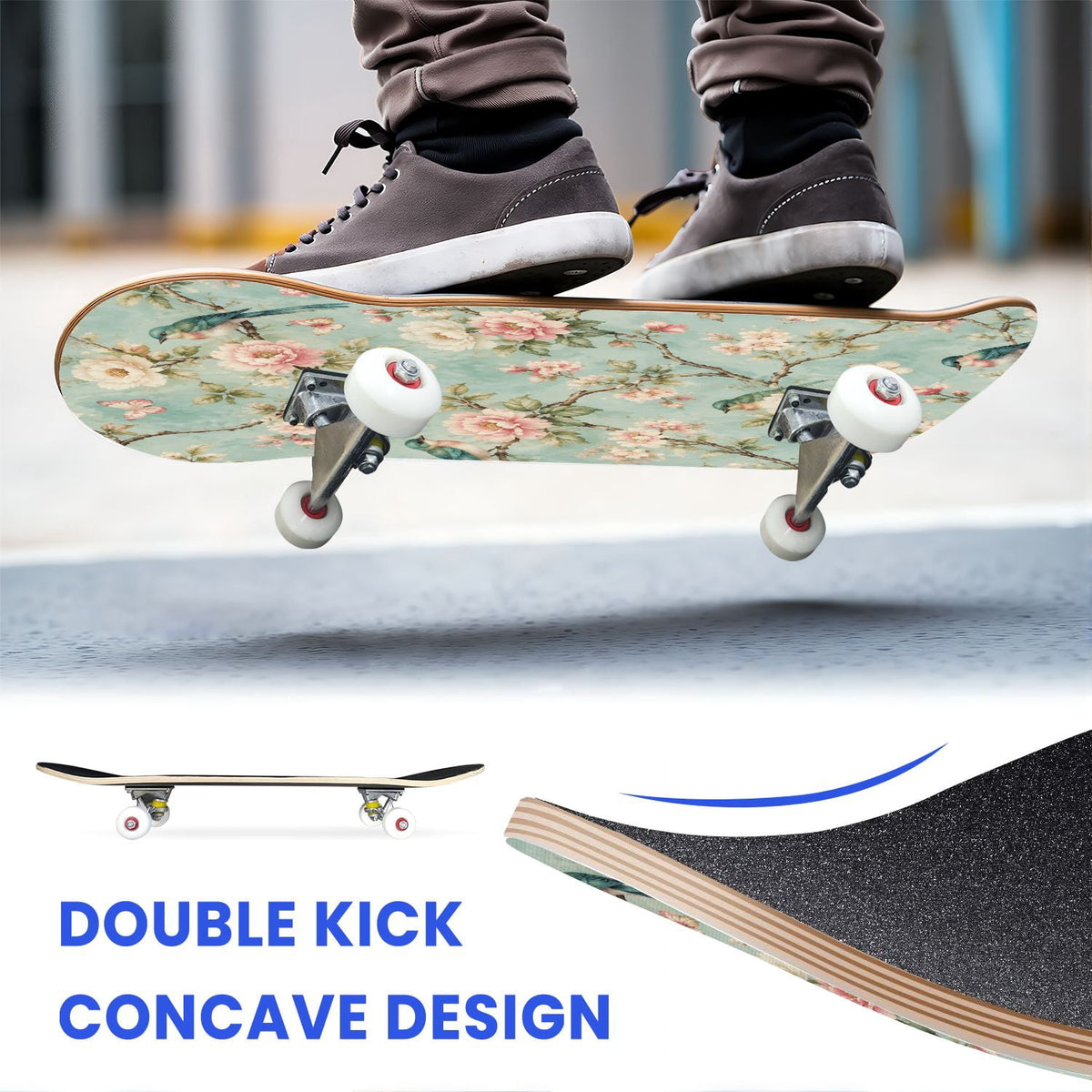 31"x8" Complete Skateboards for Beginners,Seamless Blue Watercolor Crabs Floral Accents Light Double Kick 7 Ply Canadian Maple Deck Skateboard with Wheels, Gifts for Kids Teens