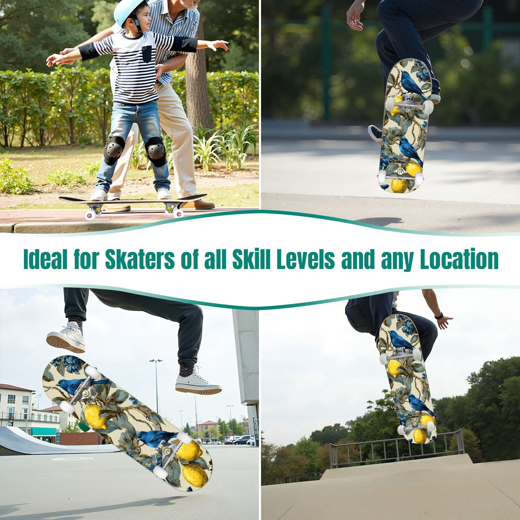 Botanical Birds Lemons Flowers Blue 31" x 8" Complete Skateboard, 7-Ply Canadian Maple Double Kick Trick Board for Kids and Beginners Adult Gifts