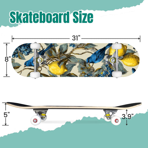 Botanical Birds Lemons Flowers Blue 31" x 8" Complete Skateboard, 7-Ply Canadian Maple Double Kick Trick Board for Kids and Beginners Adult Gifts
