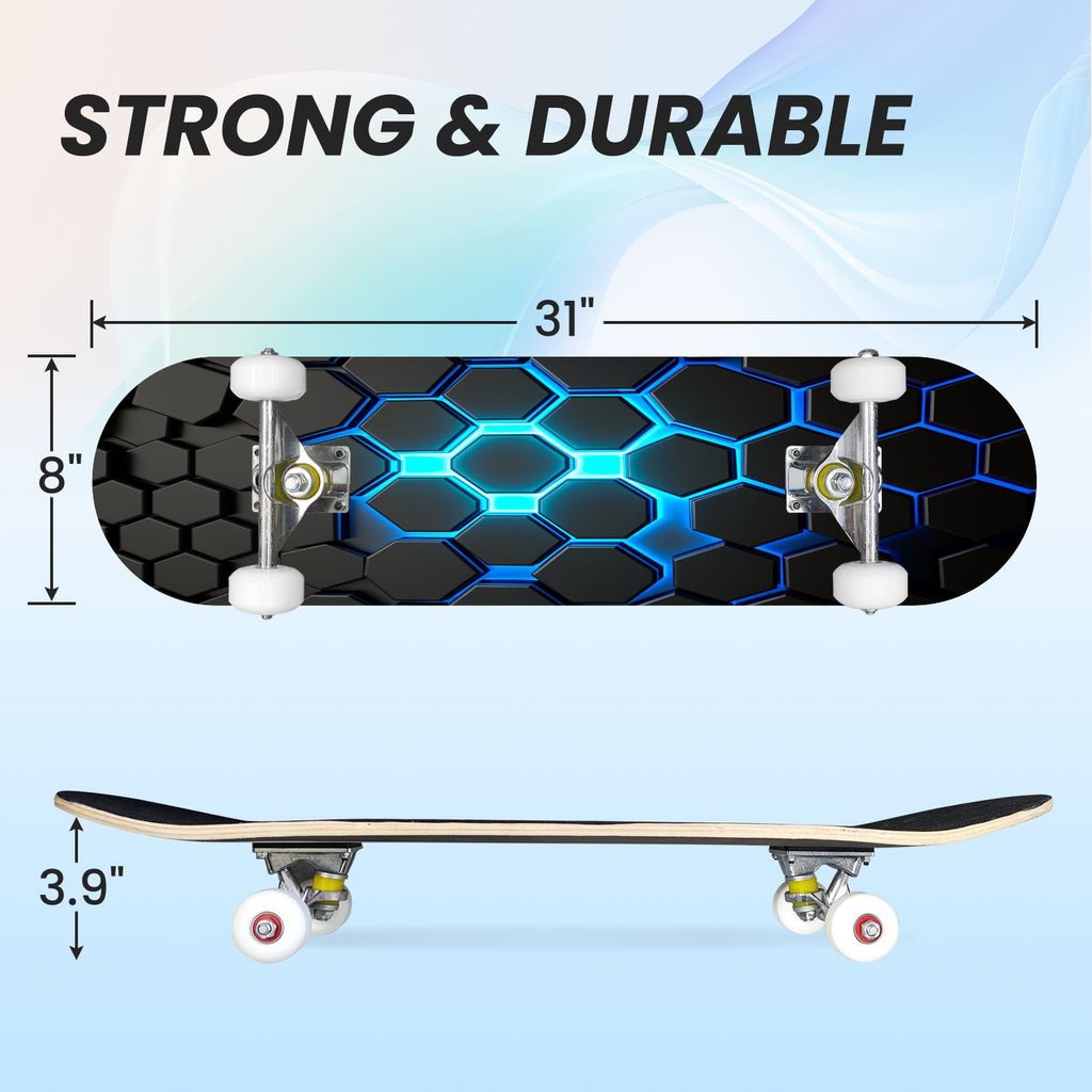 31"x8" Complete Skateboards for Beginners, Abstract Black Hexagon Honeycomb Glowing Blue Neon Geometric Double Kick 7 Ply Canadian Maple Deck Skateboard with Wheels, Gifts for Kids Teens