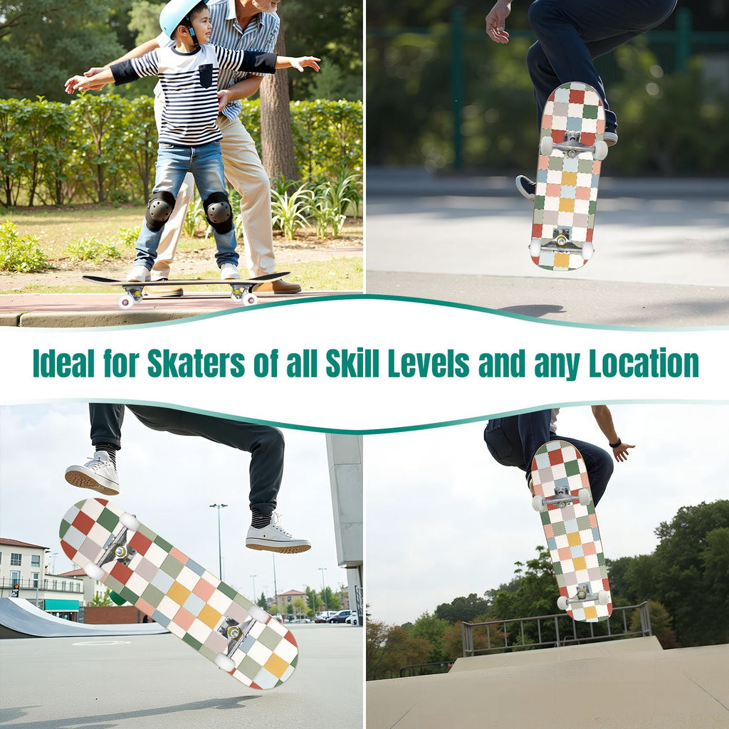 31"x8" Complete Skateboards for Beginners,Colorful Geometric Tile Multicolored Squares Double Kick 7 Ply Canadian Maple Deck Skateboard with Wheels, Gifts for Kids Teens
