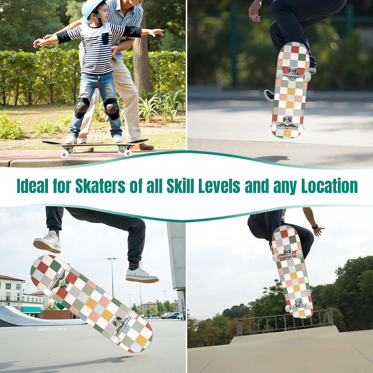 31"x8" Complete Skateboards for Beginners,Colorful Geometric Tile Multicolored Squares Double Kick 7 Ply Canadian Maple Deck Skateboard with Wheels, Gifts for Kids Teens