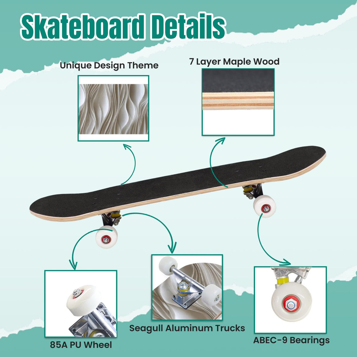 Beige Waves Flowing Lines 3D Effect 31" x 8" Complete Skateboard, 7-Ply Canadian Maple Double Kick Trick Board for Kids and Beginners Adult Gifts