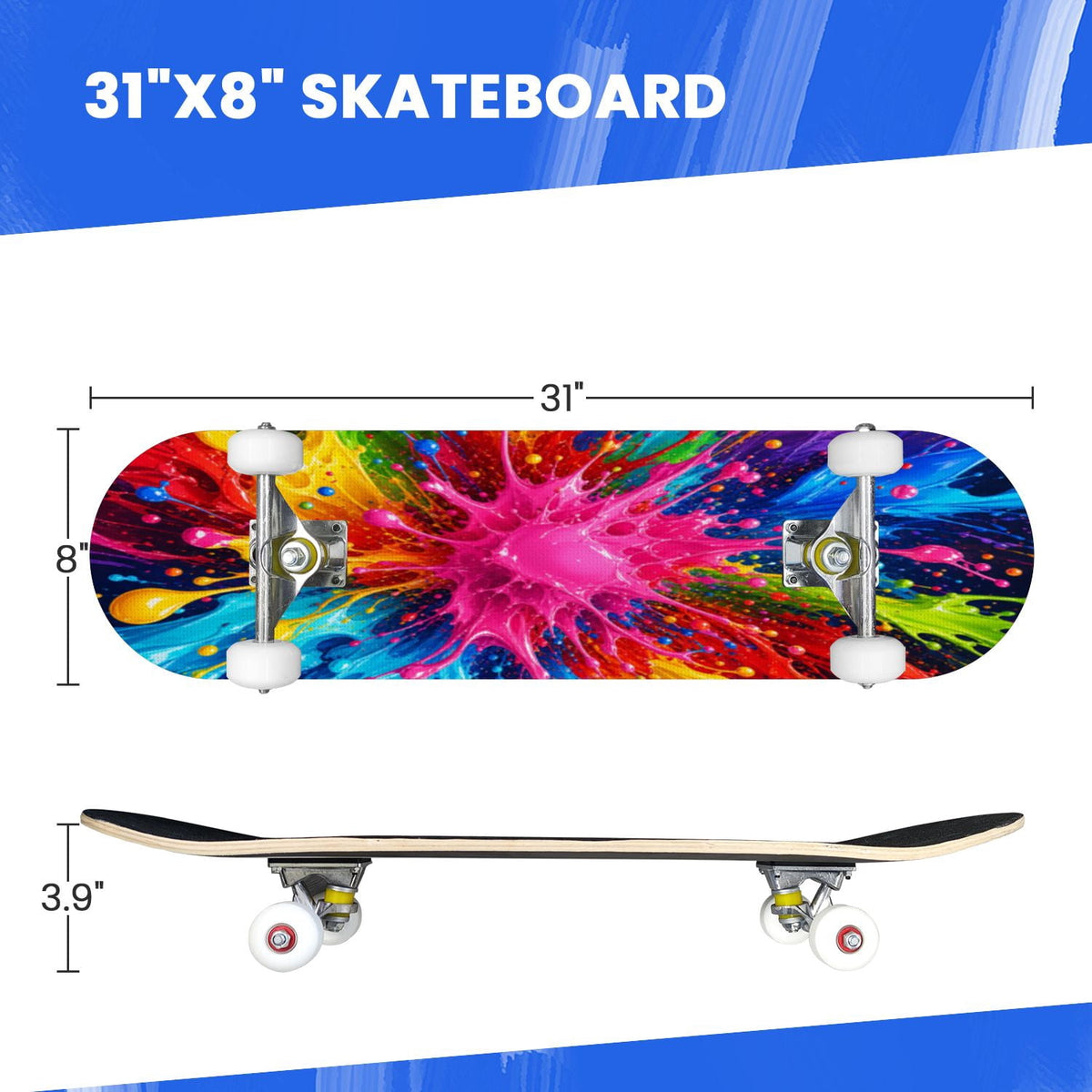 Complete Skateboard Paint Splash Explosion 31 Inch 7-Ply Maple Skateboard with PU Wheels and Aluminum Trucks, Ready-to-Ride Skateboard for Beginners, Teens and Adults