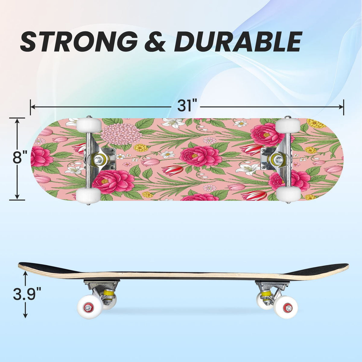 31"x8" Complete Skateboards for Beginners, Seamless Pink Peony Floral Cream Double Kick 7 Ply Canadian Maple Deck Skateboard with Wheels, Gifts for Girls Teens