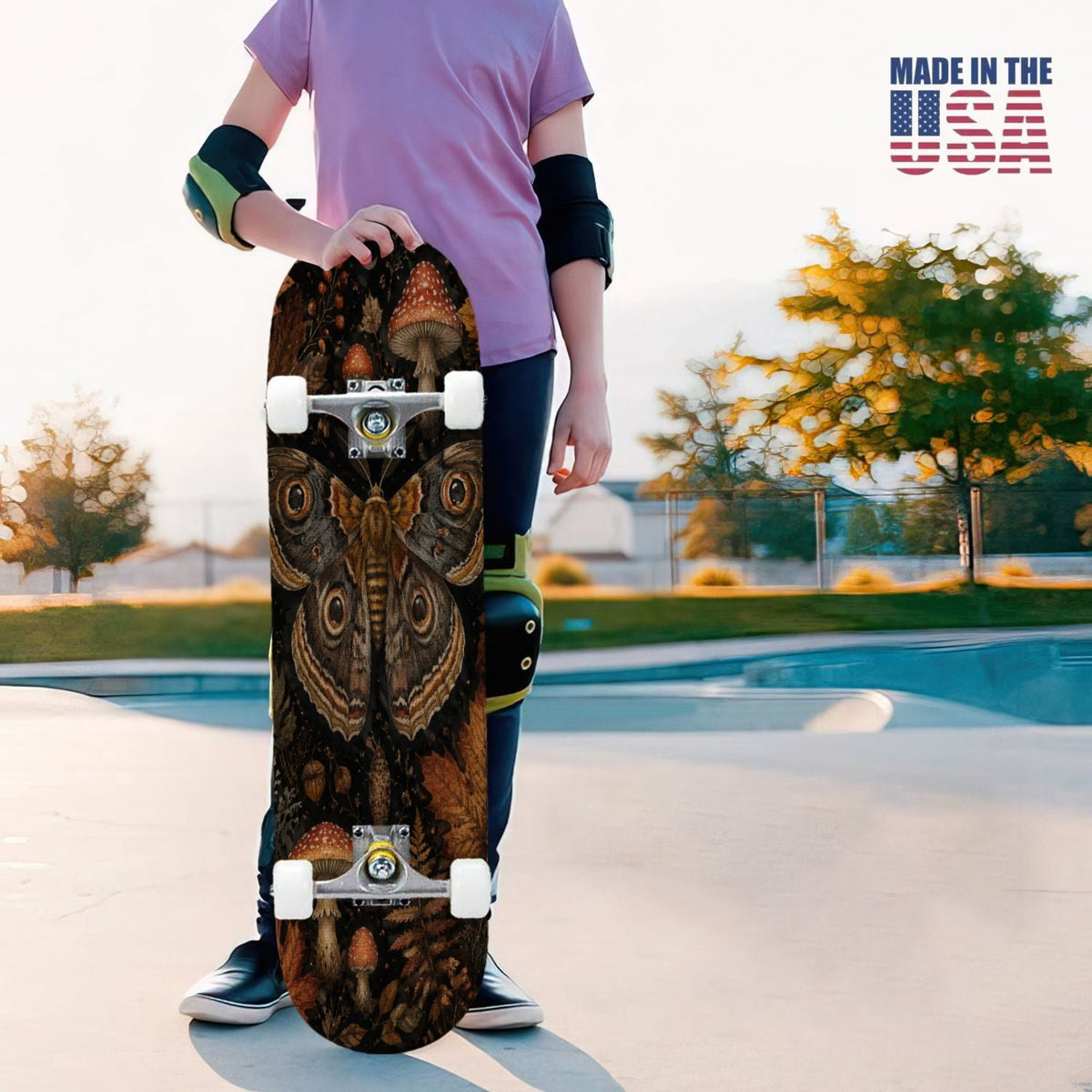 31"x8" Complete Skateboards for Beginners,Vintage Botanical Moth Autumn Leaves Mushrooms Double Kick 7 Ply Canadian Maple Deck Skateboard with Wheels, Gifts for Kids Teens