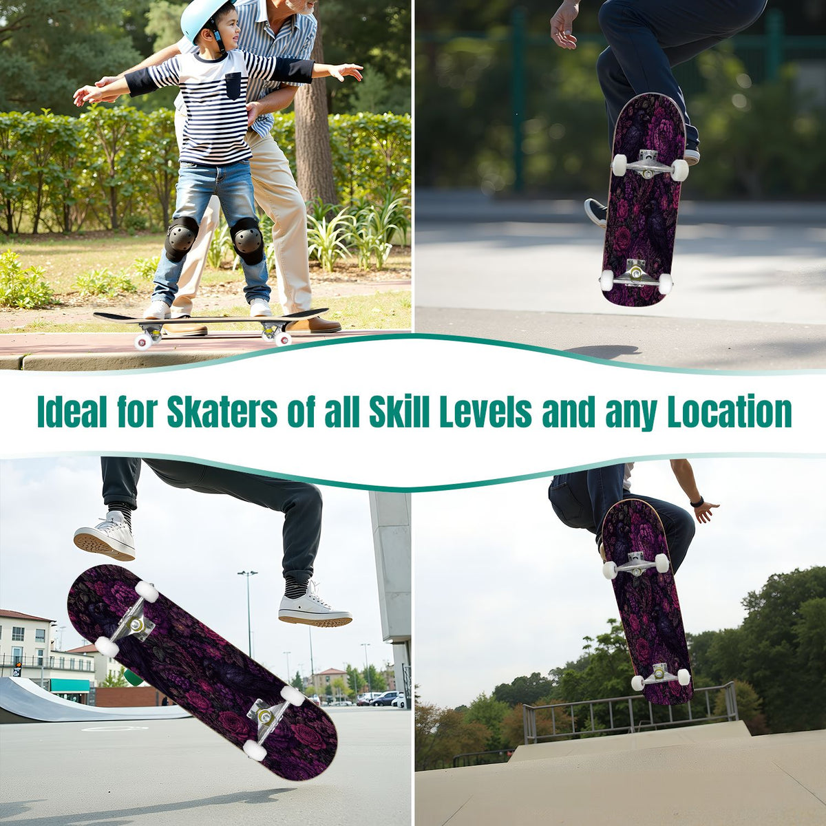 31"x8" Complete Skateboards for Beginners, Purple White Cosmos Flowers Butterflies Watercolor Double Kick 7 Ply Canadian Maple Deck Skateboard with Wheels, Gifts for Kids Teens