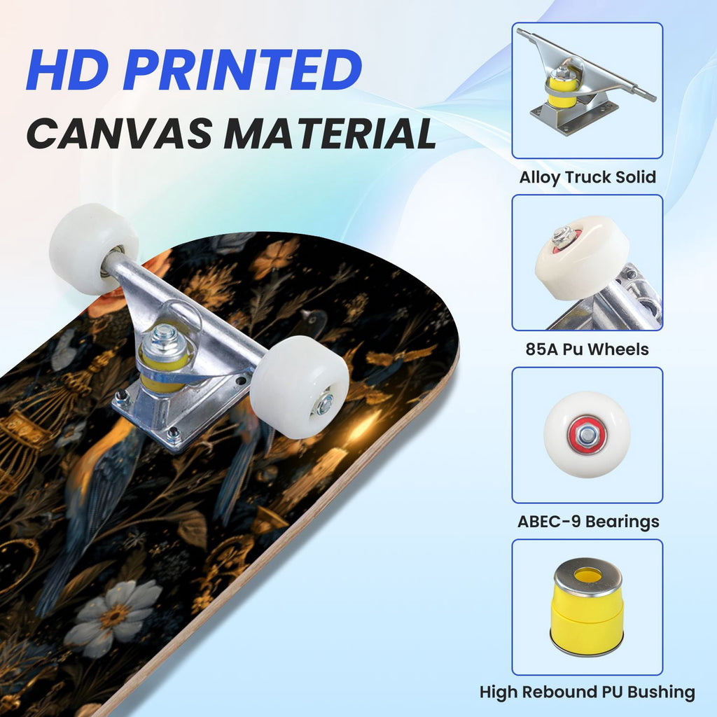 31"x8" Complete Skateboards for Beginners, Romantic Skeletons Blooming Roses Dark Academia Double Kick 7 Ply Canadian Maple Deck Skateboard with Wheels, Gifts for Kids Teens