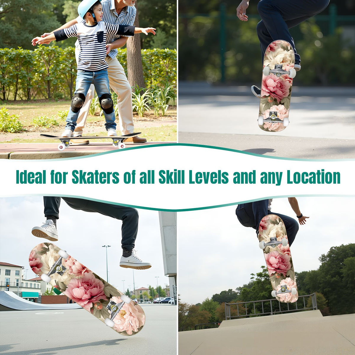 31"x8" Complete Skateboards for Beginners, Elegant Peony Floral Soft Pink White Tones Neutral Double Kick 7 Ply Canadian Maple Deck Skateboard with Wheels, Gifts for Kids Teens