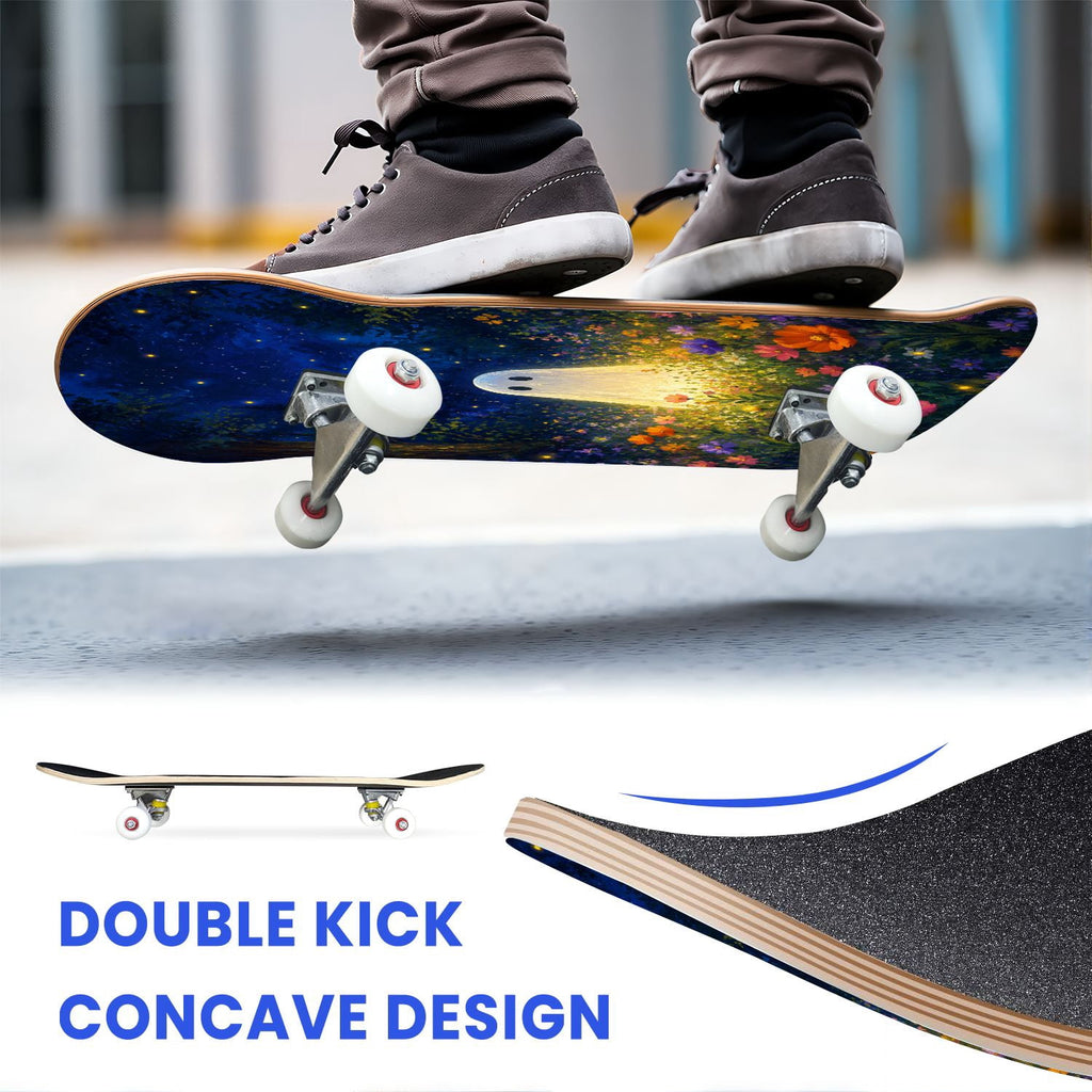 31"x8" Complete Skateboards for Beginners,Halloween Black Cats Pumpkins Ghosts Bats Beige Double Kick 7 Ply Canadian Maple Deck Skateboard with Wheels, Gifts for Kids Teens