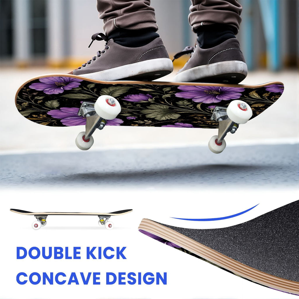 31"x8" Complete Skateboards for Beginners, Purple Celestial Moon Sun Art Floral Stars Double Kick 7 Ply Canadian Maple Deck Skateboard with Wheels, Gifts for Kids Teens