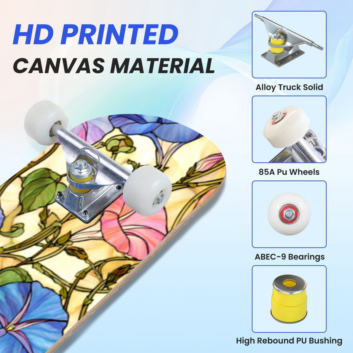 31"x8" Complete Skateboards for Beginners,Cartoon Hand Drawn Ice Cream Doodles Seamless Cones Cupcakes Double Kick 7 Ply Canadian Maple Deck Skateboard with Wheels, Gifts for Kids Teens